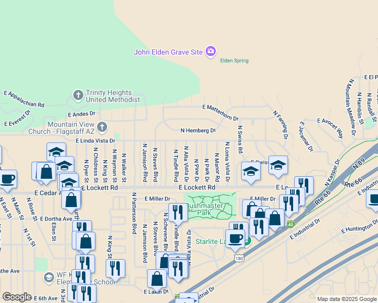 map of restaurants, bars, coffee shops, grocery stores, and more near 3699 North Alta Vista Drive in Flagstaff