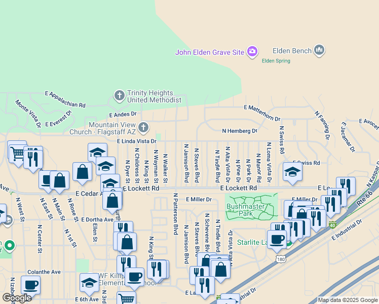 map of restaurants, bars, coffee shops, grocery stores, and more near 3680 North Jamison Boulevard in Flagstaff