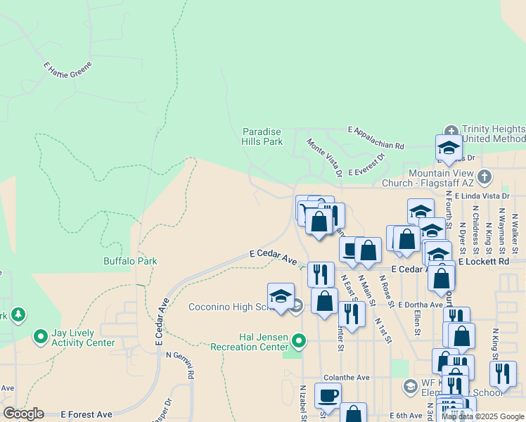 map of restaurants, bars, coffee shops, grocery stores, and more near 1015 East Hillcrest Drive in Flagstaff