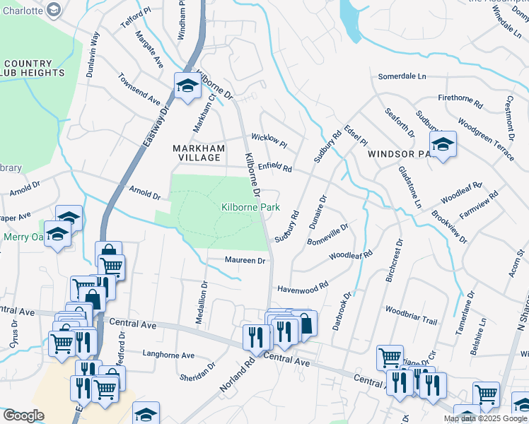 map of restaurants, bars, coffee shops, grocery stores, and more near 2507 Kilborne-In-The-Wood in Charlotte