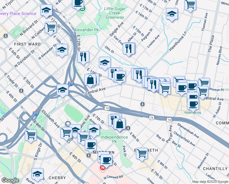 map of restaurants, bars, coffee shops, grocery stores, and more near in Charlotte