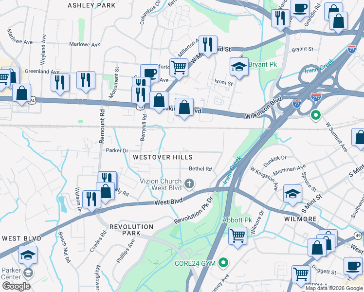 map of restaurants, bars, coffee shops, grocery stores, and more near 2401 Berryhill Road in Charlotte