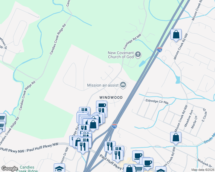 map of restaurants, bars, coffee shops, grocery stores, and more near 4824 Charwood Trail Northwest in Cleveland