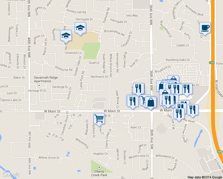 map of restaurants, bars, coffee shops, grocery stores, and more near 305 Willow Branch Road in Norman
