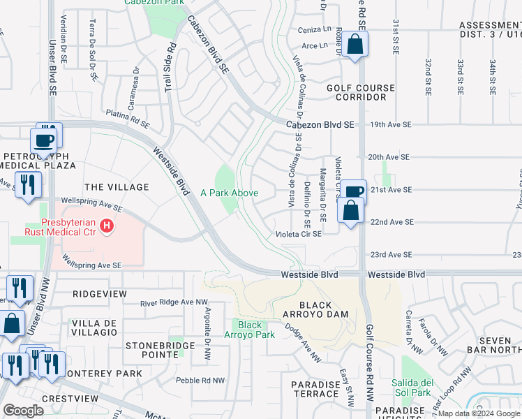 map of restaurants, bars, coffee shops, grocery stores, and more near 2237 Violeta Circle Southeast in Rio Rancho