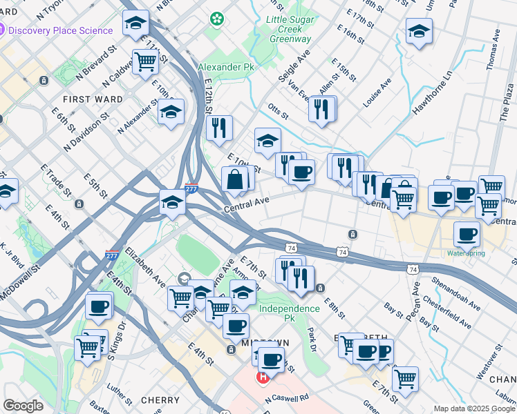 map of restaurants, bars, coffee shops, grocery stores, and more near 801 Central Avenue in Charlotte