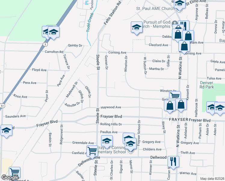 map of restaurants, bars, coffee shops, grocery stores, and more near 3506 Gowan Drive in Memphis