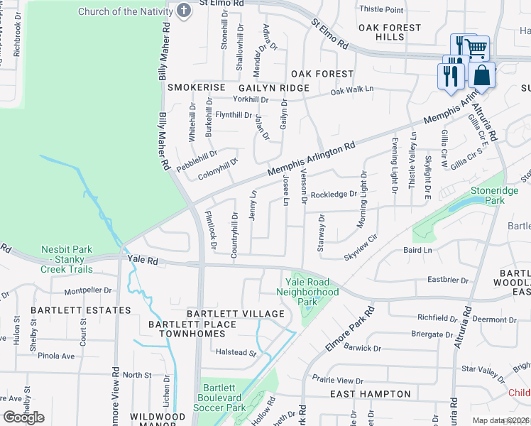 map of restaurants, bars, coffee shops, grocery stores, and more near 3491 Christy Lane in Bartlett
