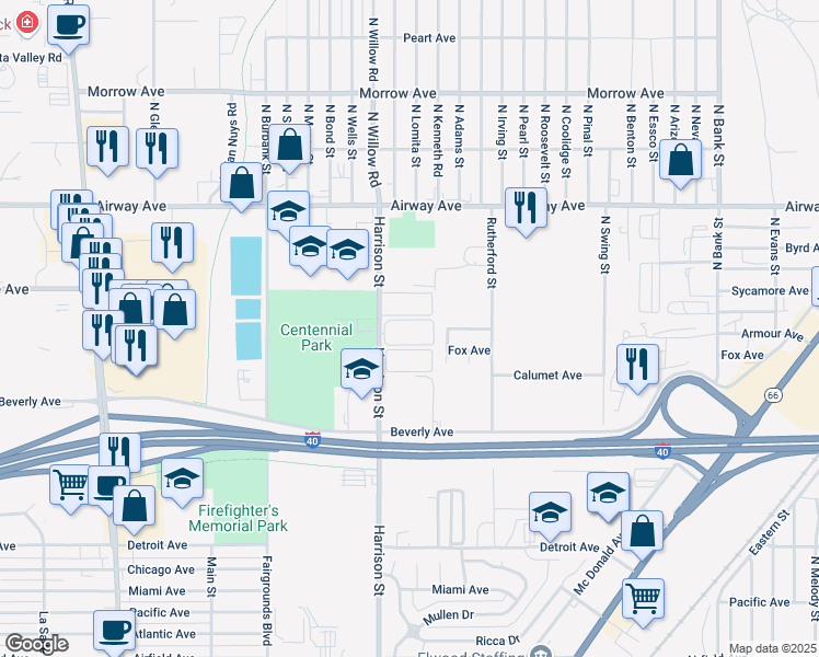 map of restaurants, bars, coffee shops, grocery stores, and more near 3338 Harrison Street in Kingman