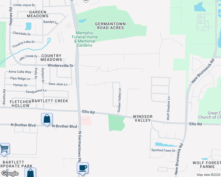 map of restaurants, bars, coffee shops, grocery stores, and more near 3511 Valley Chase Lane in Bartlett