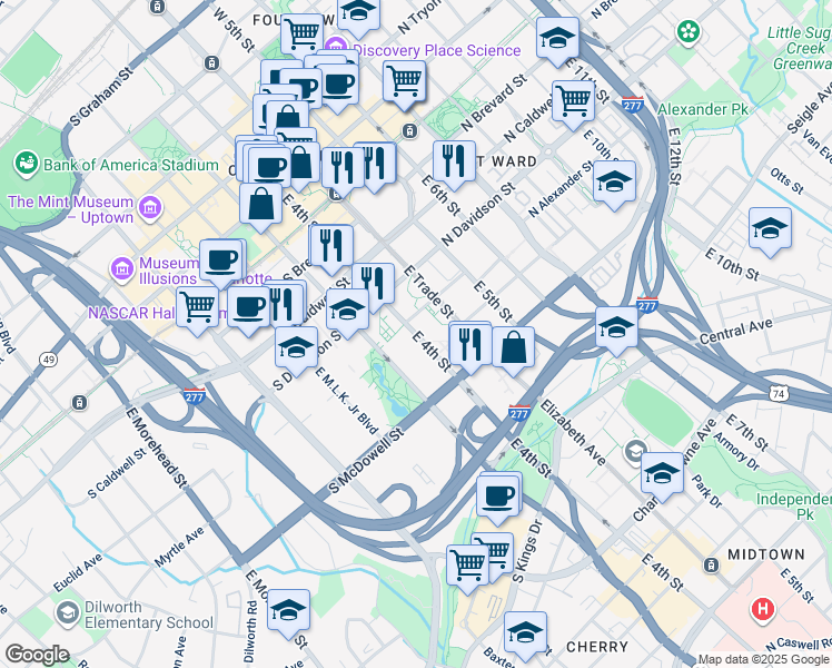 map of restaurants, bars, coffee shops, grocery stores, and more near 700 East 4th Street in Charlotte