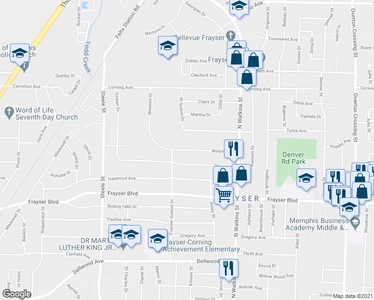 map of restaurants, bars, coffee shops, grocery stores, and more near 1776 Winston Drive in Memphis