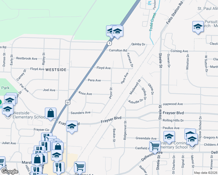 map of restaurants, bars, coffee shops, grocery stores, and more near 1241 Pera Avenue in Memphis