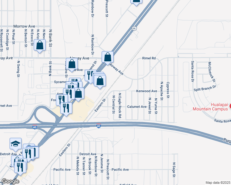 map of restaurants, bars, coffee shops, grocery stores, and more near 3346 North Central Street in Kingman