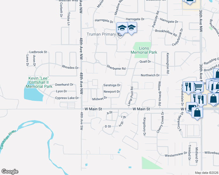 map of restaurants, bars, coffee shops, grocery stores, and more near 4504 Saratoga Drive in Norman