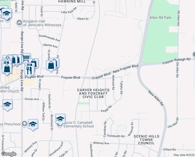 map of restaurants, bars, coffee shops, grocery stores, and more near 2892 Frayser-Raleigh Road in Memphis