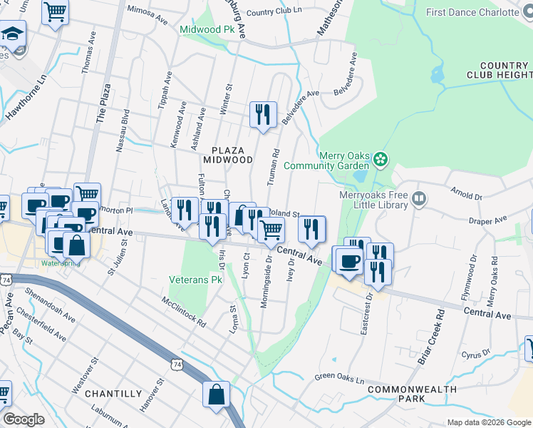 map of restaurants, bars, coffee shops, grocery stores, and more near 1708 Truman Road in Charlotte