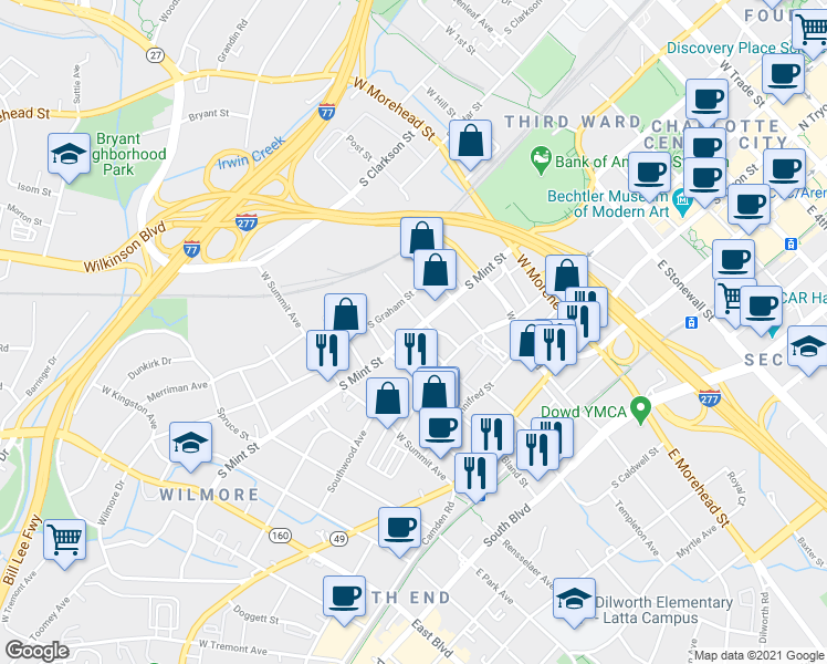 map of restaurants, bars, coffee shops, grocery stores, and more near S Mint St & Lincoln St in Charlotte
