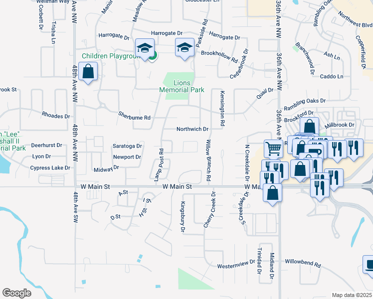 map of restaurants, bars, coffee shops, grocery stores, and more near 4109 Heritage Place Drive in Norman