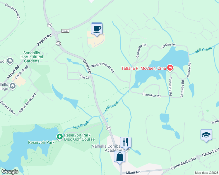 map of restaurants, bars, coffee shops, grocery stores, and more near 1655 Central Drive in Southern Pines