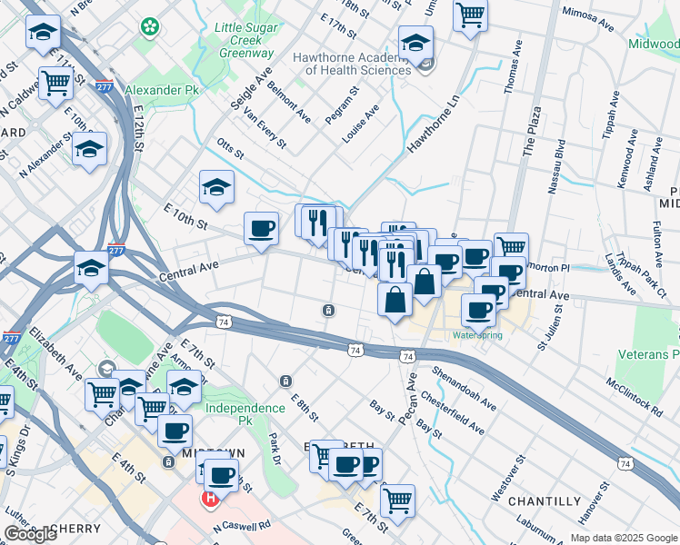 map of restaurants, bars, coffee shops, grocery stores, and more near in Charlotte