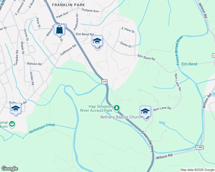 map of restaurants, bars, coffee shops, grocery stores, and more near 642 Greenville Highway in Brevard