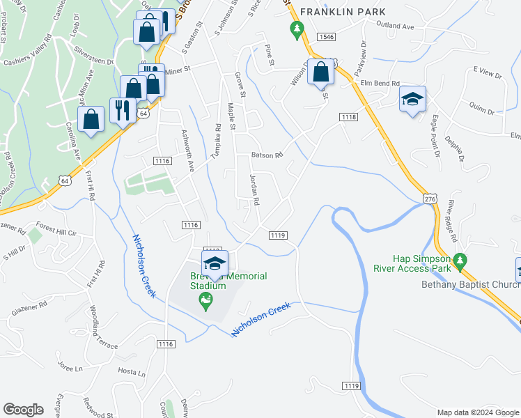 map of restaurants, bars, coffee shops, grocery stores, and more near 201 Jordan Road in Brevard