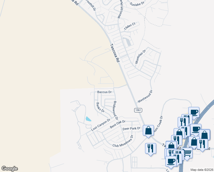 map of restaurants, bars, coffee shops, grocery stores, and more near 6802 Baccus Drive in Amarillo