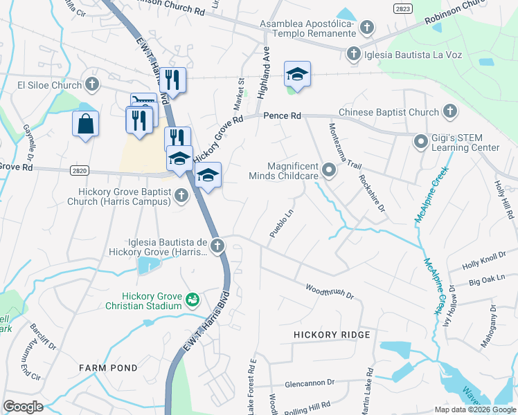 map of restaurants, bars, coffee shops, grocery stores, and more near 6730 Park Hickory Drive in Charlotte