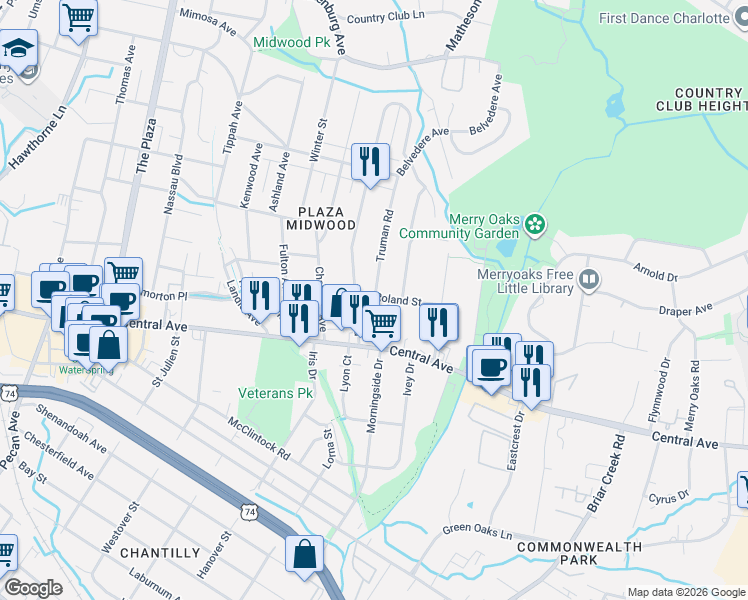 map of restaurants, bars, coffee shops, grocery stores, and more near 1708 Truman Road in Charlotte