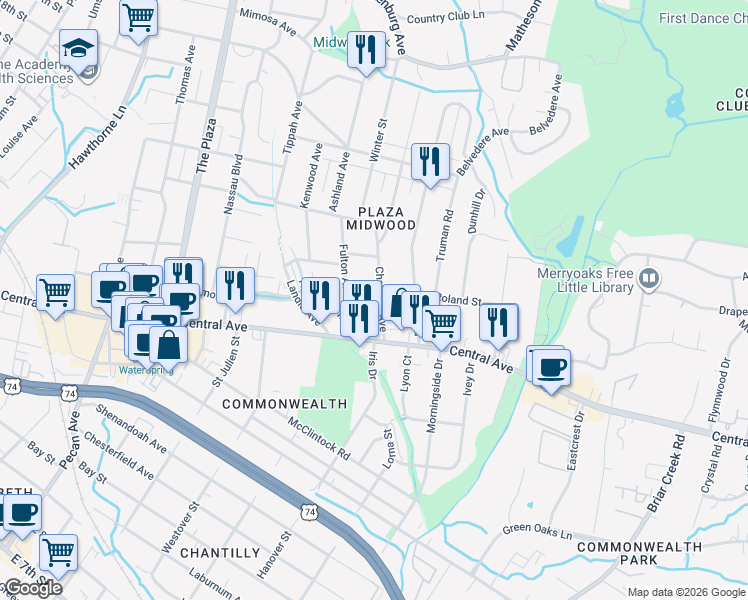 map of restaurants, bars, coffee shops, grocery stores, and more near 1701 Chatham Avenue in Charlotte