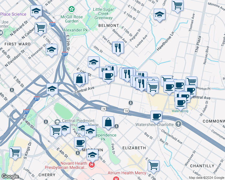 map of restaurants, bars, coffee shops, grocery stores, and more near in Charlotte