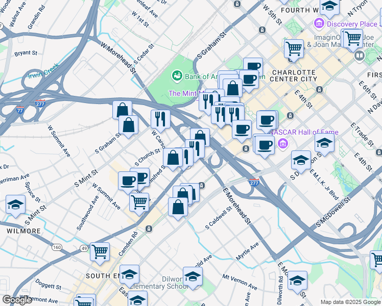 map of restaurants, bars, coffee shops, grocery stores, and more near in Charlotte