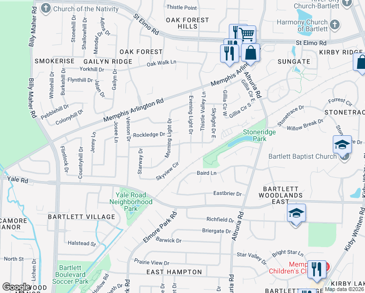 map of restaurants, bars, coffee shops, grocery stores, and more near 3505 Evening Light Drive in Bartlett