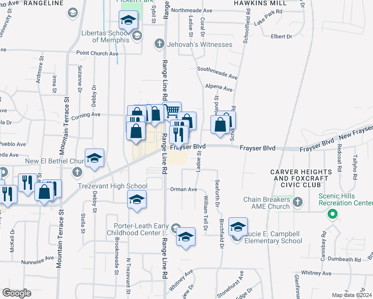 map of restaurants, bars, coffee shops, grocery stores, and more near 3513 Ladue Street in Memphis