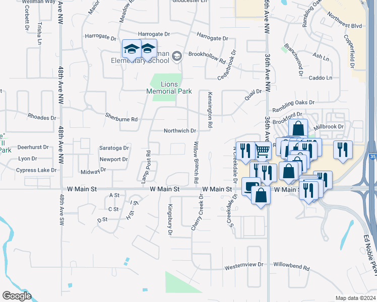 map of restaurants, bars, coffee shops, grocery stores, and more near 4012 Potomac Drive in Norman
