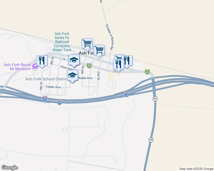map of restaurants, bars, coffee shops, grocery stores, and more near 46879 1st Street in Ash Fork