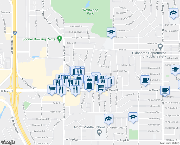 map of restaurants, bars, coffee shops, grocery stores, and more near 298 Merkle Drive in Norman