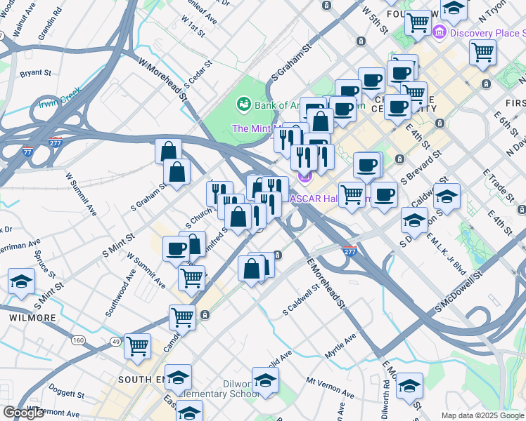 map of restaurants, bars, coffee shops, grocery stores, and more near in Charlotte