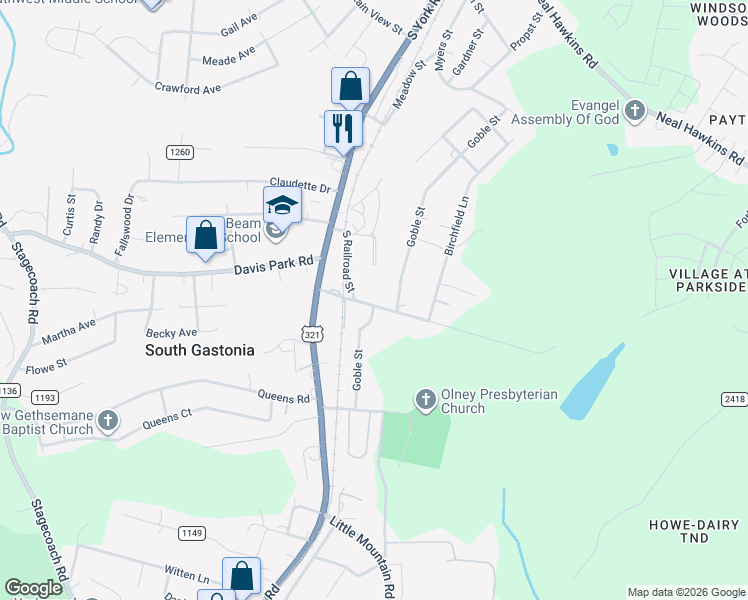 map of restaurants, bars, coffee shops, grocery stores, and more near 212 Huffman Road in Gastonia