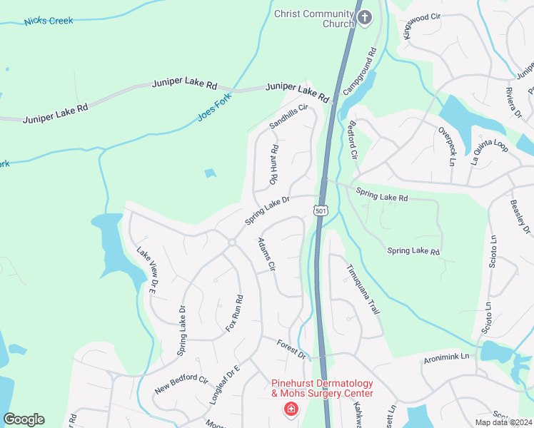 map of restaurants, bars, coffee shops, grocery stores, and more near 410 Spring Lake Drive in Pinehurst