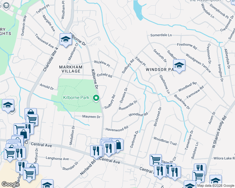 map of restaurants, bars, coffee shops, grocery stores, and more near 3139 Sudbury Road in Charlotte