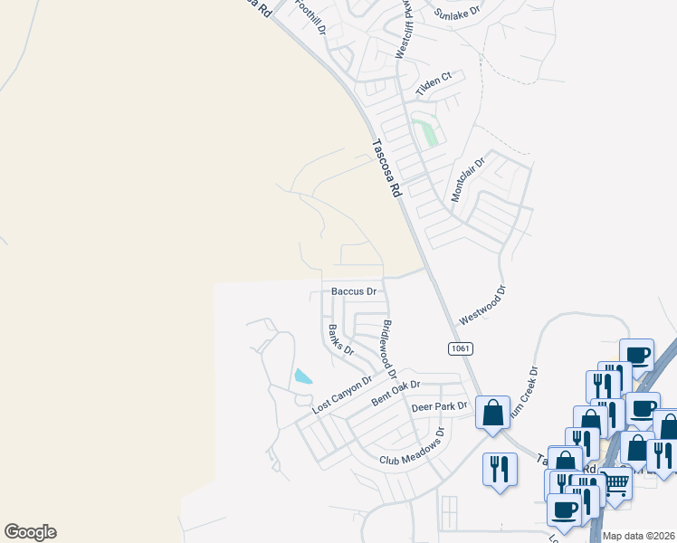 map of restaurants, bars, coffee shops, grocery stores, and more near 6818 Baccus Drive in Amarillo