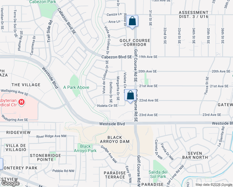 map of restaurants, bars, coffee shops, grocery stores, and more near 2230 Margarita Drive Southeast in Rio Rancho