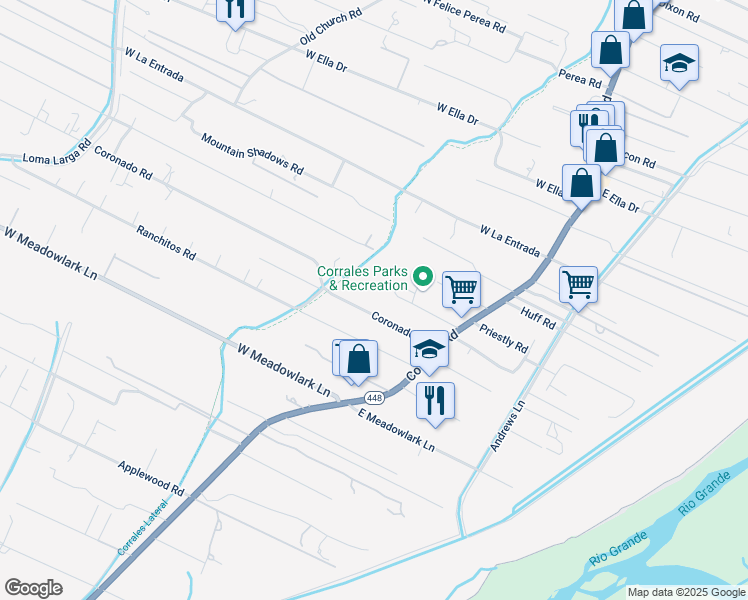 map of restaurants, bars, coffee shops, grocery stores, and more near 230 Coronado Road in Corrales