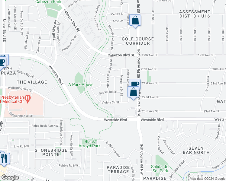 map of restaurants, bars, coffee shops, grocery stores, and more near 2228 Delfinio Drive Southeast in Rio Rancho