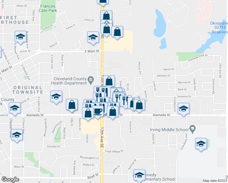 map of restaurants, bars, coffee shops, grocery stores, and more near 235 Stanton Drive in Norman