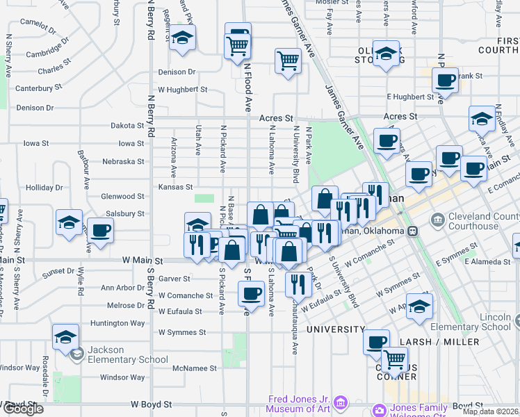 map of restaurants, bars, coffee shops, grocery stores, and more near 511 West Daws Street in Norman