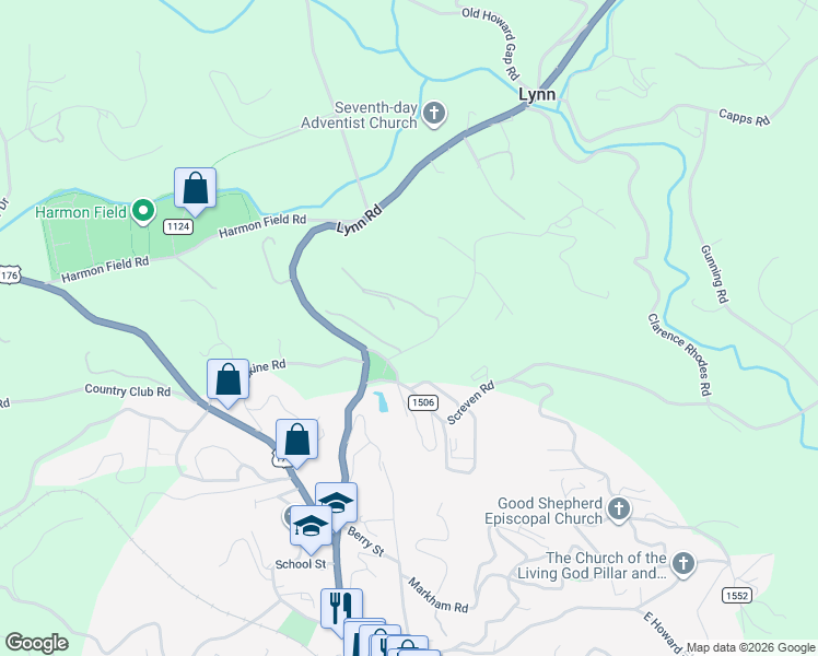 map of restaurants, bars, coffee shops, grocery stores, and more near 39 Wilderness Road in Tryon