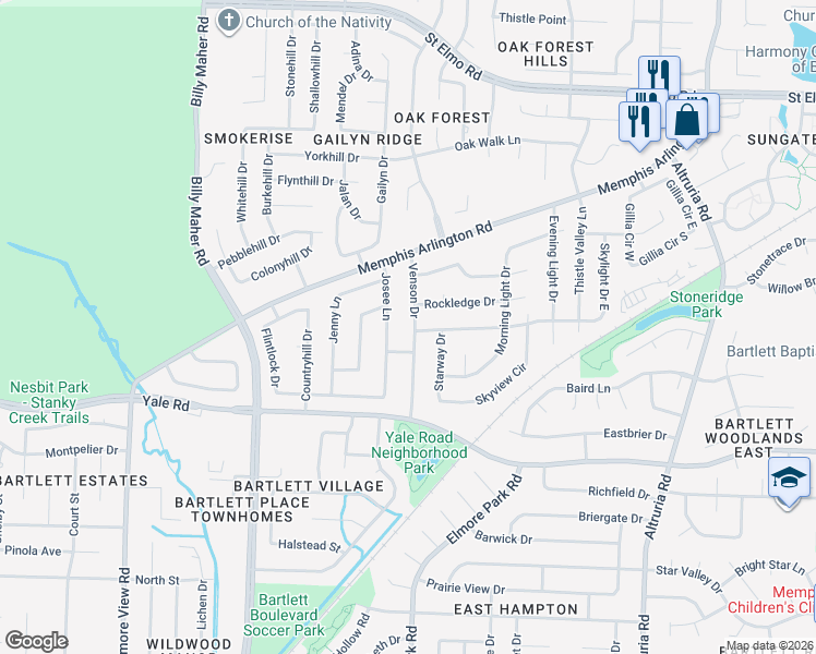 map of restaurants, bars, coffee shops, grocery stores, and more near 3510 Josee Lane in Memphis